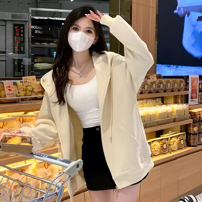 连帽卫衣女秋冬2025新款拉链宽松纯色开衫百搭休闲美式显瘦外套潮