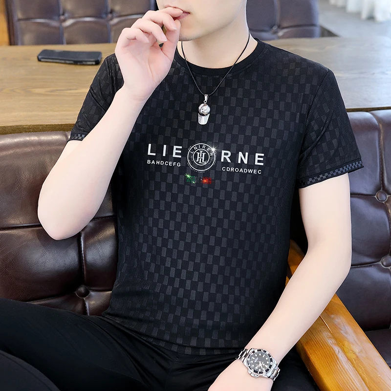 【凯文哈珀】男士冰丝短袖夏季新款烫钻时尚半袖百搭透气速干上衣