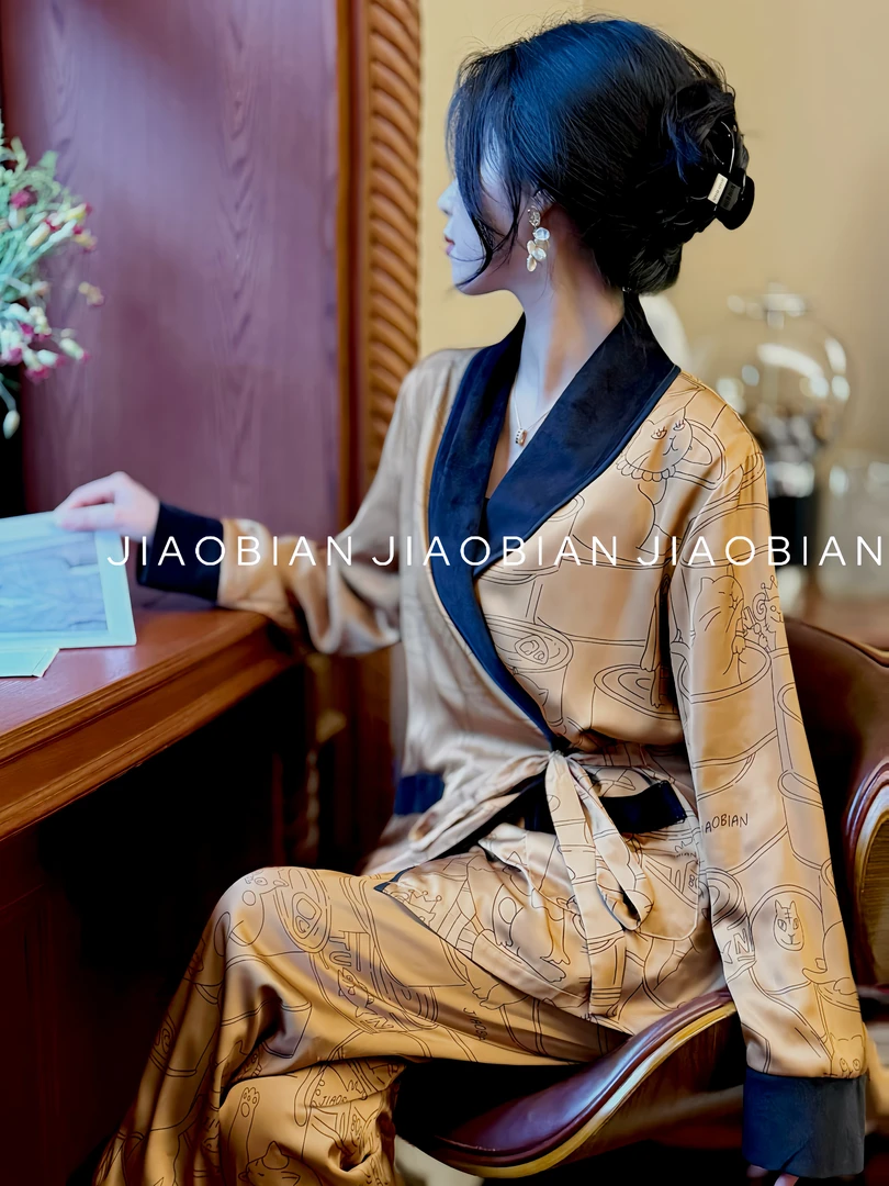 JIAOBIAN秋冬加绒气质厚款小猫可外穿轻奢家居服睡衣女套装