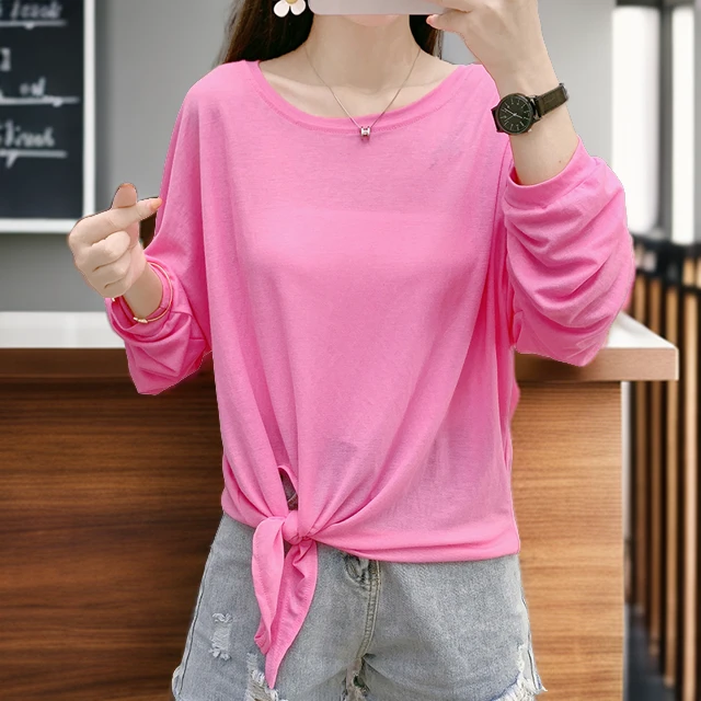 夏季圆领宽松防晒洋气时髦薄款长袖网红洋气蝙蝠袖上衣女装上衣