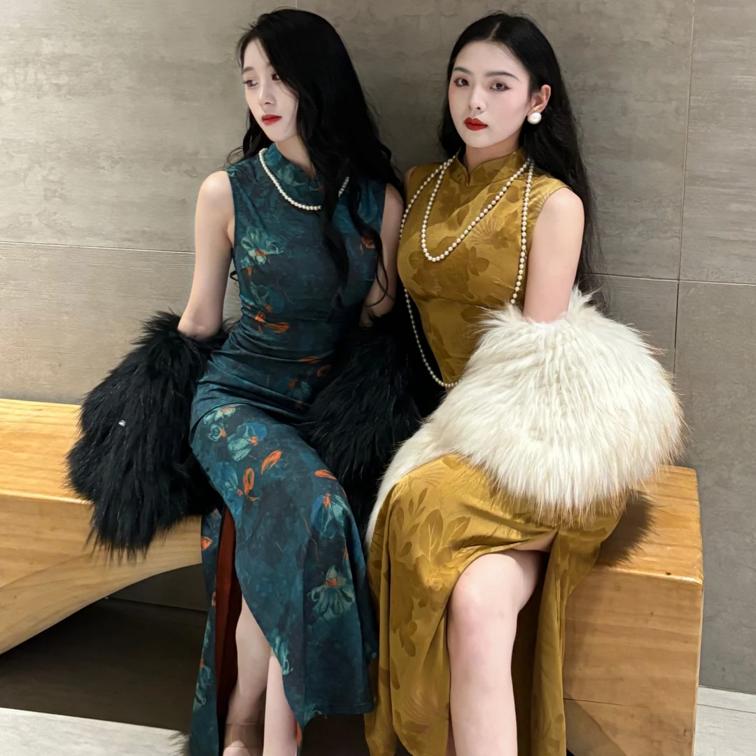 LHMknk1活动画报夫人原创自制高级新中式提花缎面旗袍 蓝为情