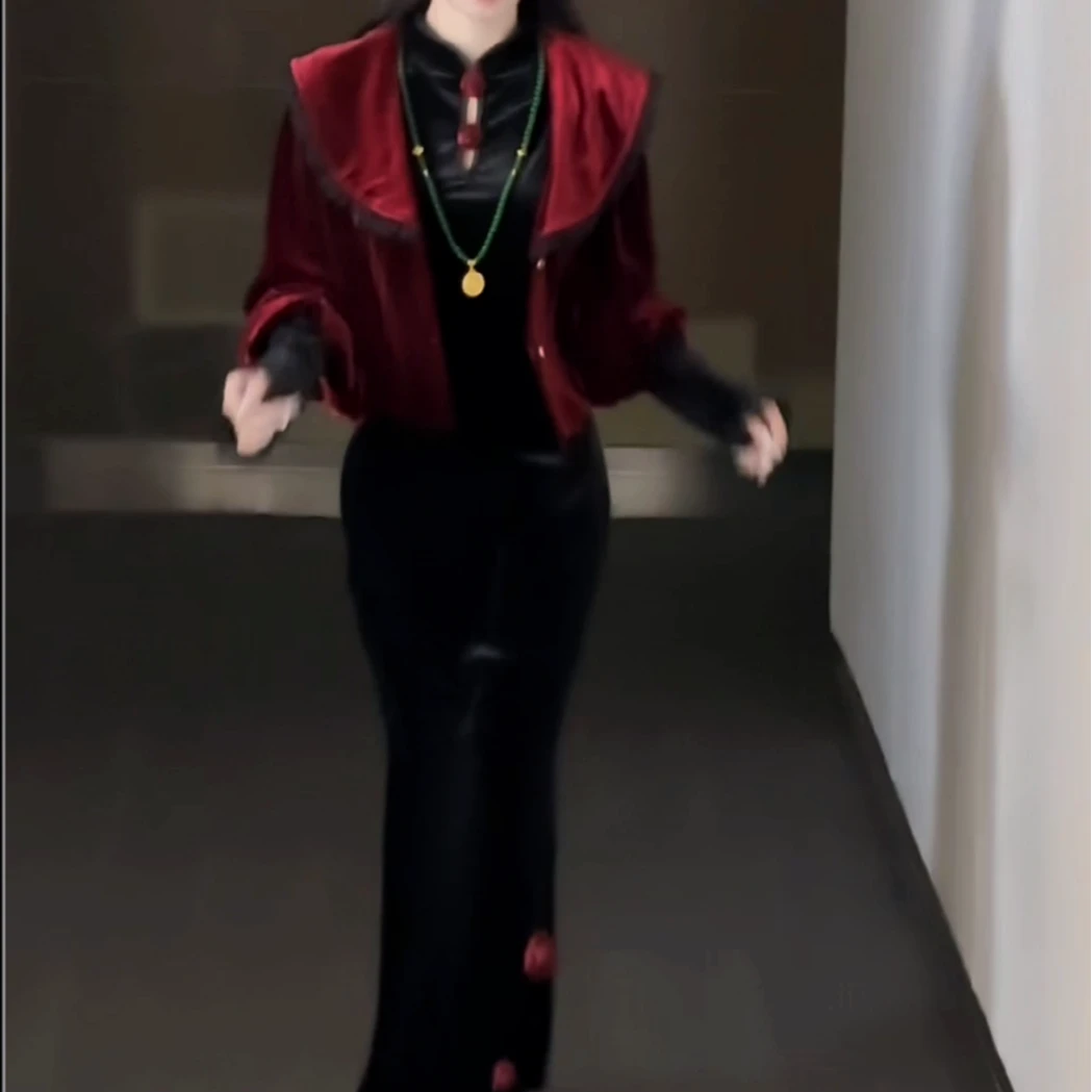 画报夫人原创自制复古高级丝绒旗袍两件套套装 嗜血玫瑰