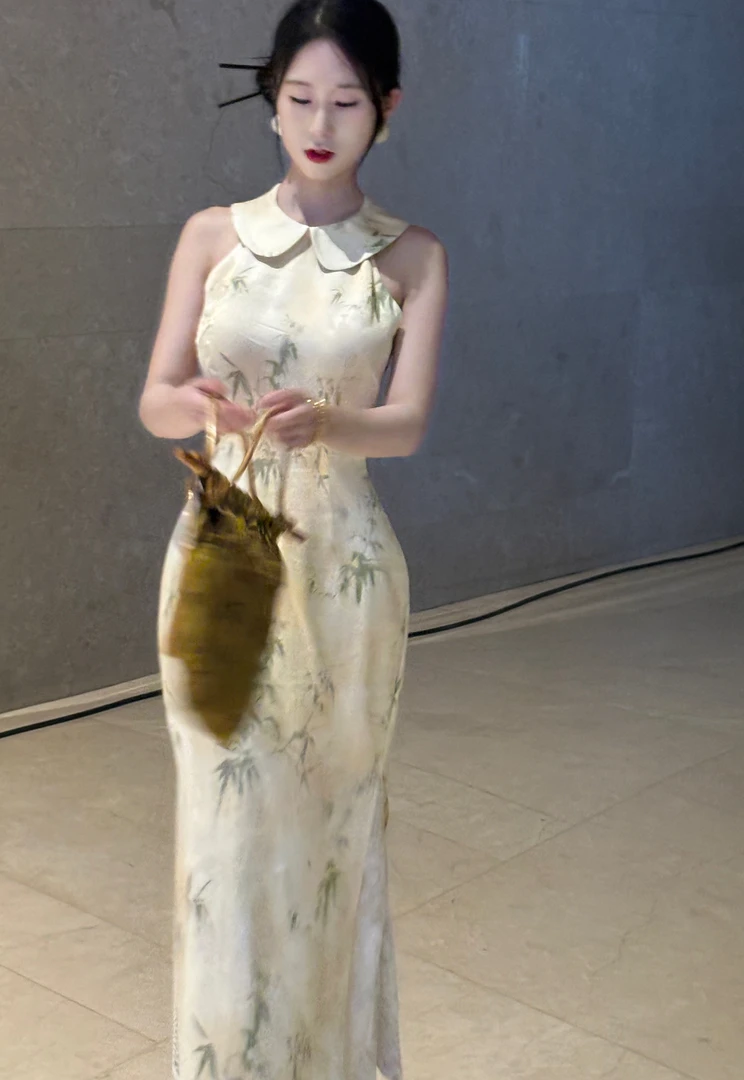 画报夫人原创自制新中式国风清冷感娃娃领旗袍  柔竹