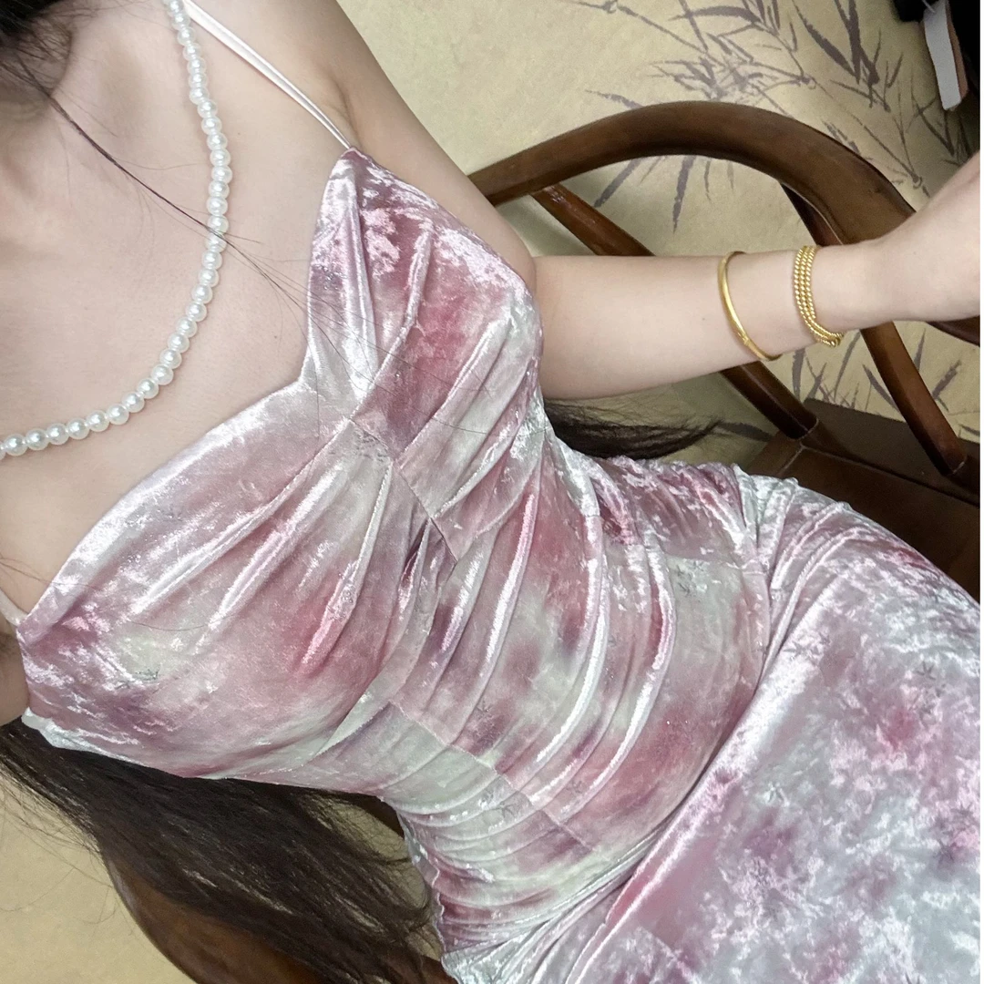 画报夫人原创自制烫金蝴蝶渐变丝绒吊带连衣裙  景蝶衣