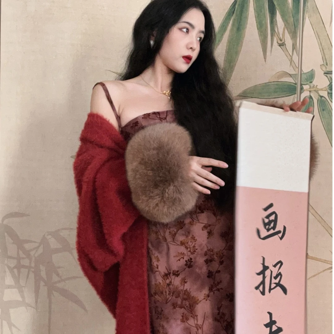 画报夫人原创自制国风贵妇大毛毛外套宽松慵懒版红色大外套 之红