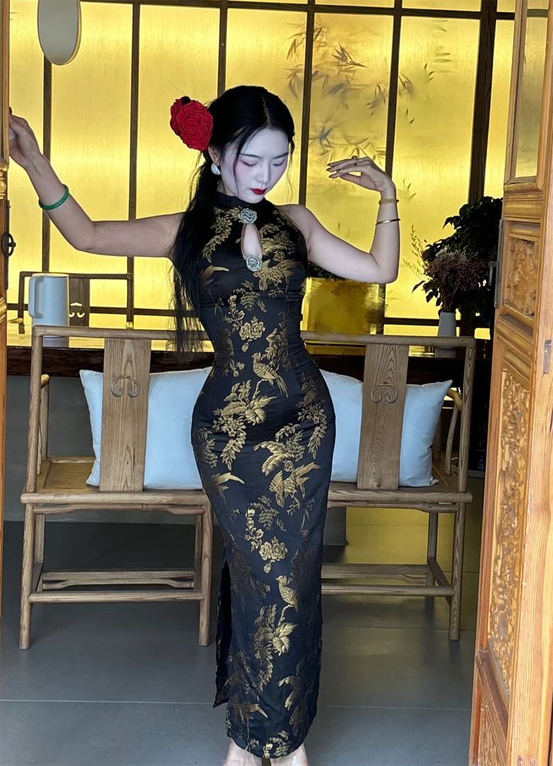 画报夫人原创自制高级人丝提花挖肩花朵旗袍 暗金花