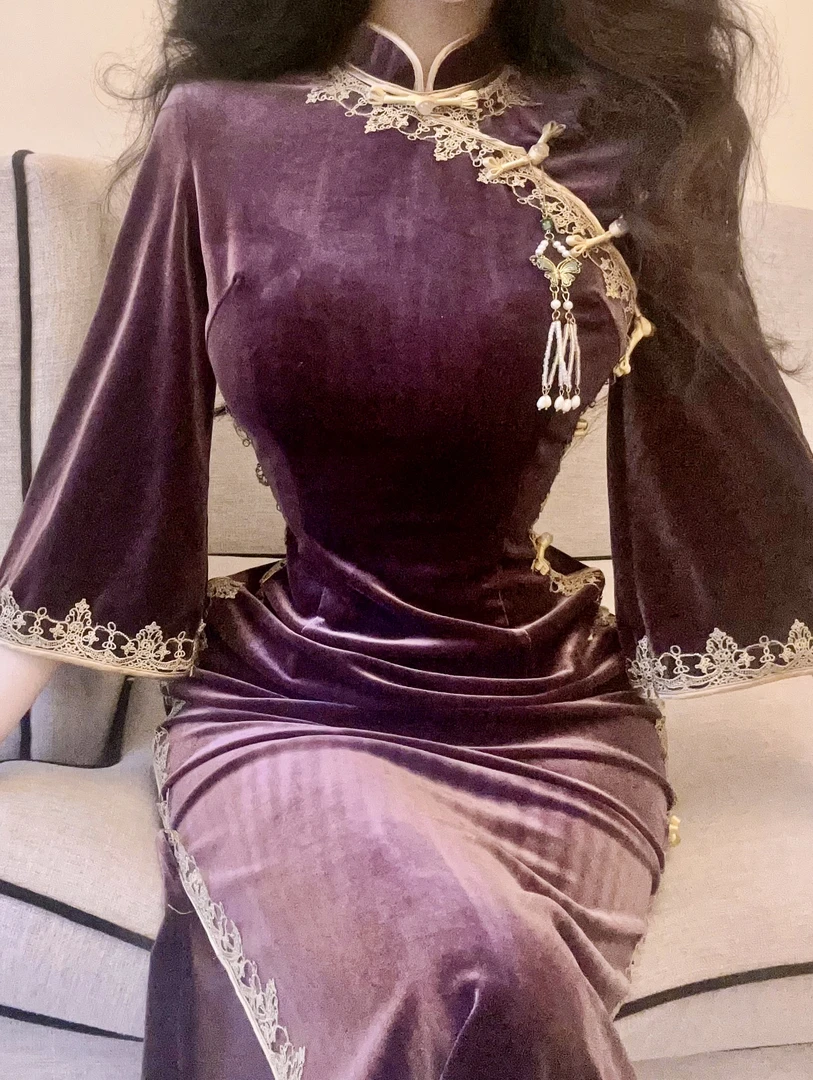 画报夫人原创自制改良金边蕾丝古法旗袍丝绒倒大袖连衣裙金紫夫人