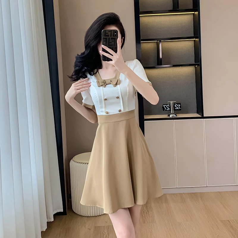 法式短袖绝美气质连衣裙女假两件小个子设计感别致收腰显瘦短裙子