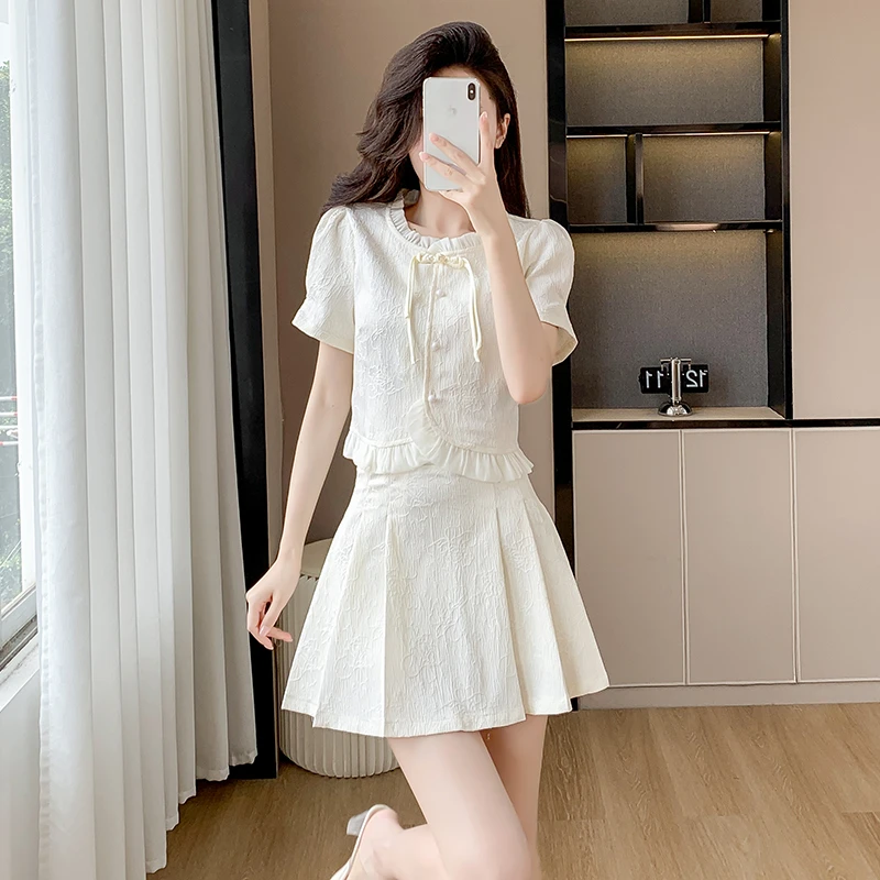 小个子新中式国风套装裙女夏轻奢气质旗袍上衣配百褶半身裙两件套