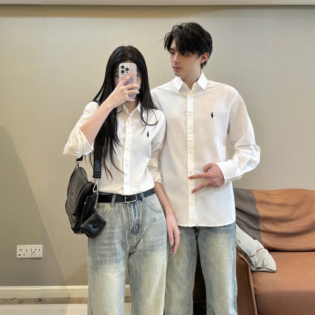 2025新款情侣装春装长袖纯棉衬衫正肩刺绣标简约高级感休闲款上衣