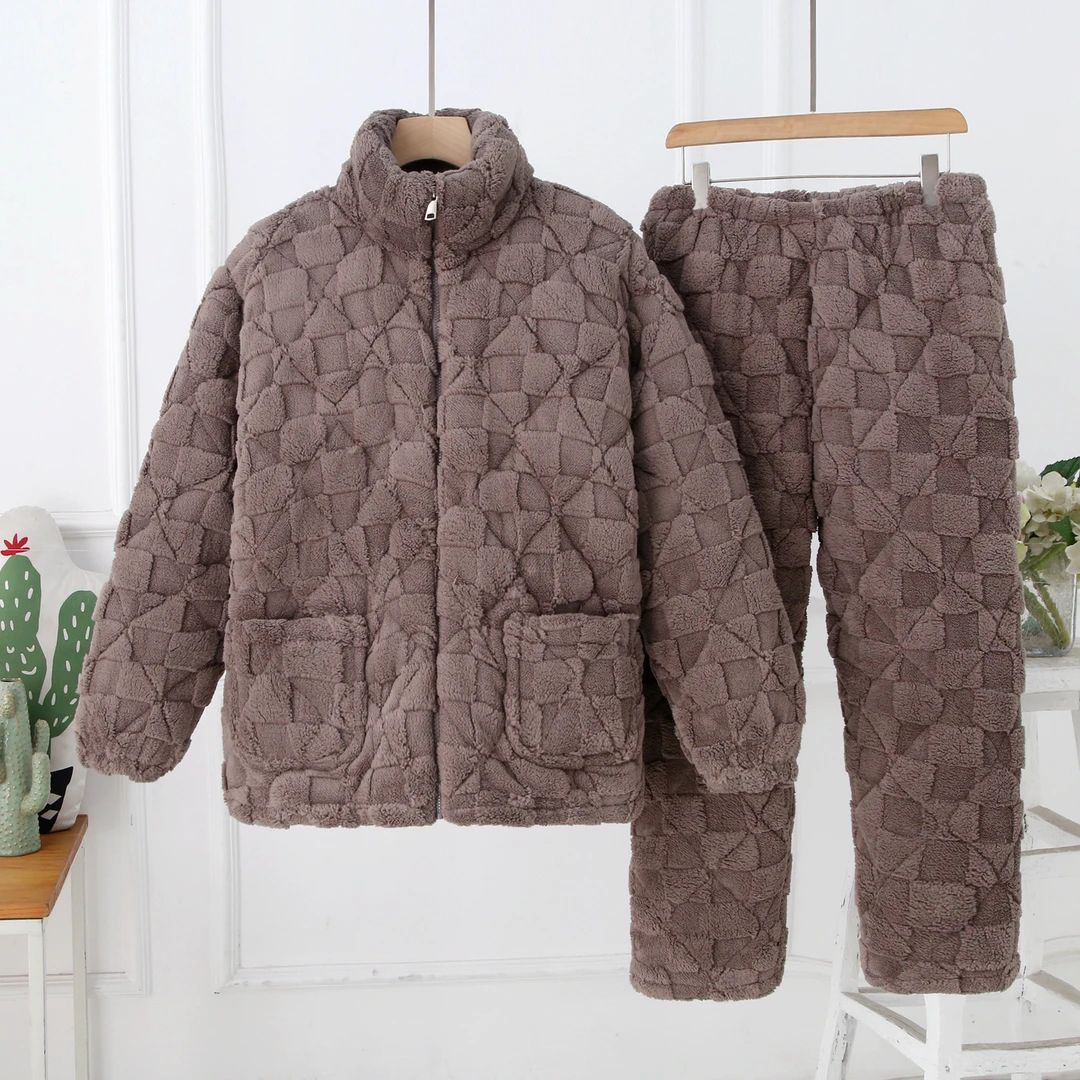 拉链睡衣男冬季加厚冬季法兰绒三层夹棉可外穿加绒保暖家居服套装