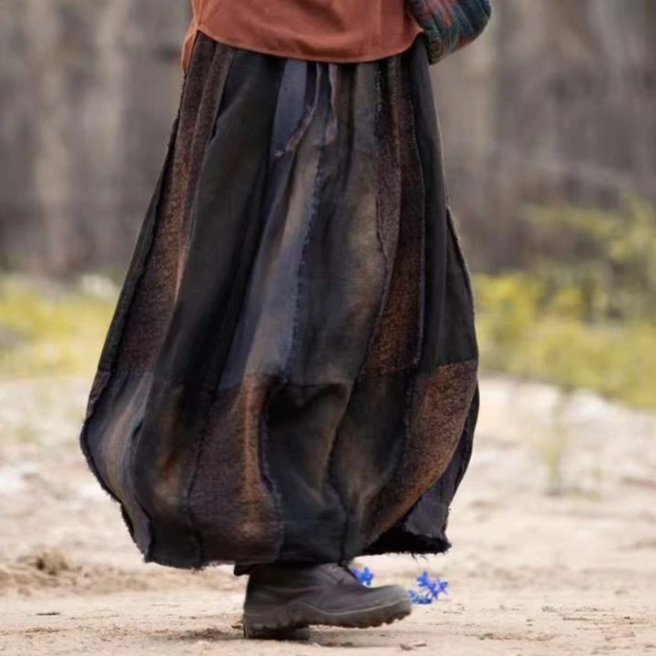 【大漂亮推荐】麻依者2023秋季新款松紧腰复古宽松印花半裙#1095