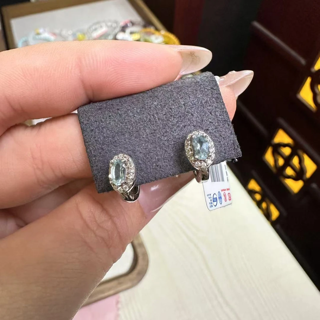 【281】天然海蓝宝耳钉耳扣款银S925