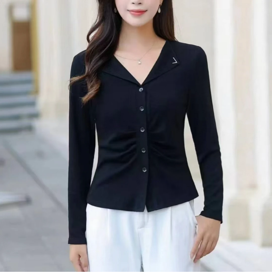 翻领长袖T恤女装2025春季设计感纽扣抽褶显瘦打底衫上衣
