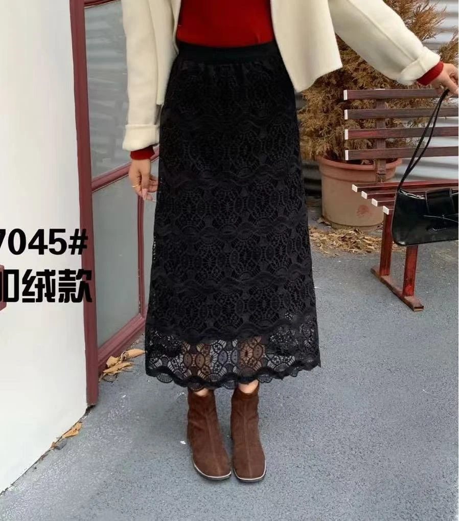 2024款秋冬季时尚百搭气质显瘦蕾丝加绒半身裙