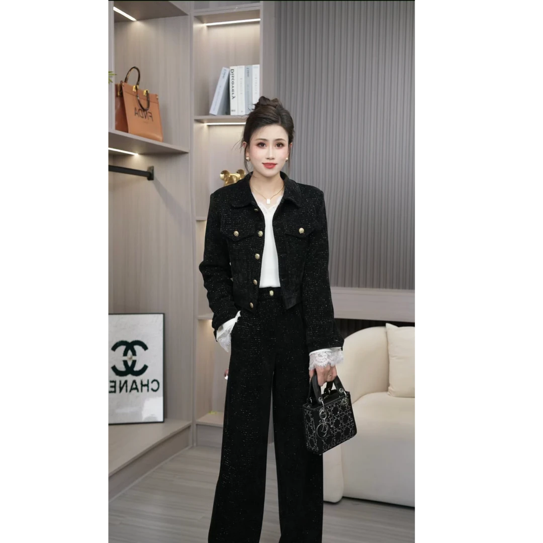 秋冬时尚新款加绒加厚亮丝休闲外套+高腰显瘦直筒裤两件套套装