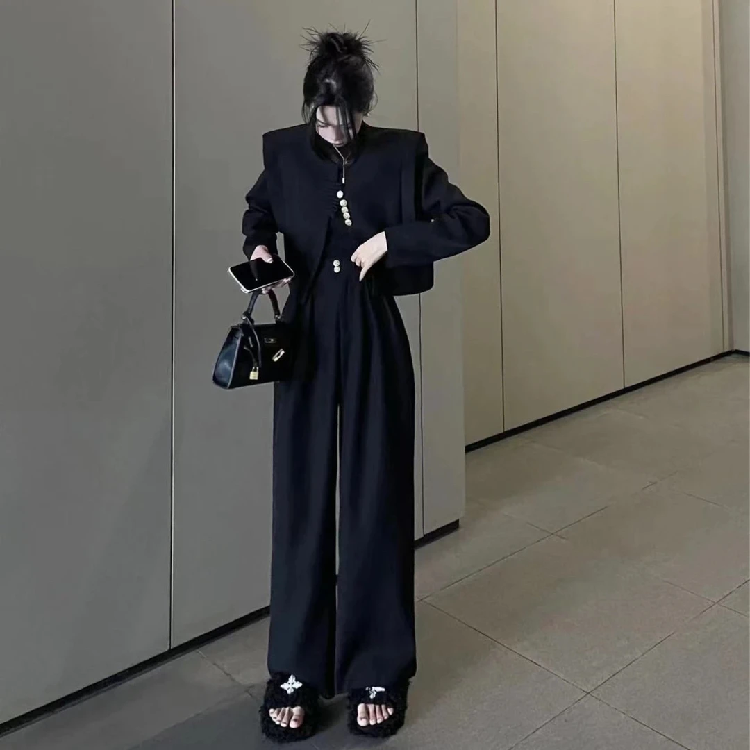 秋季轻奢国风西装套装女显瘦洋气时尚气质外套直筒阔腿裤两件套