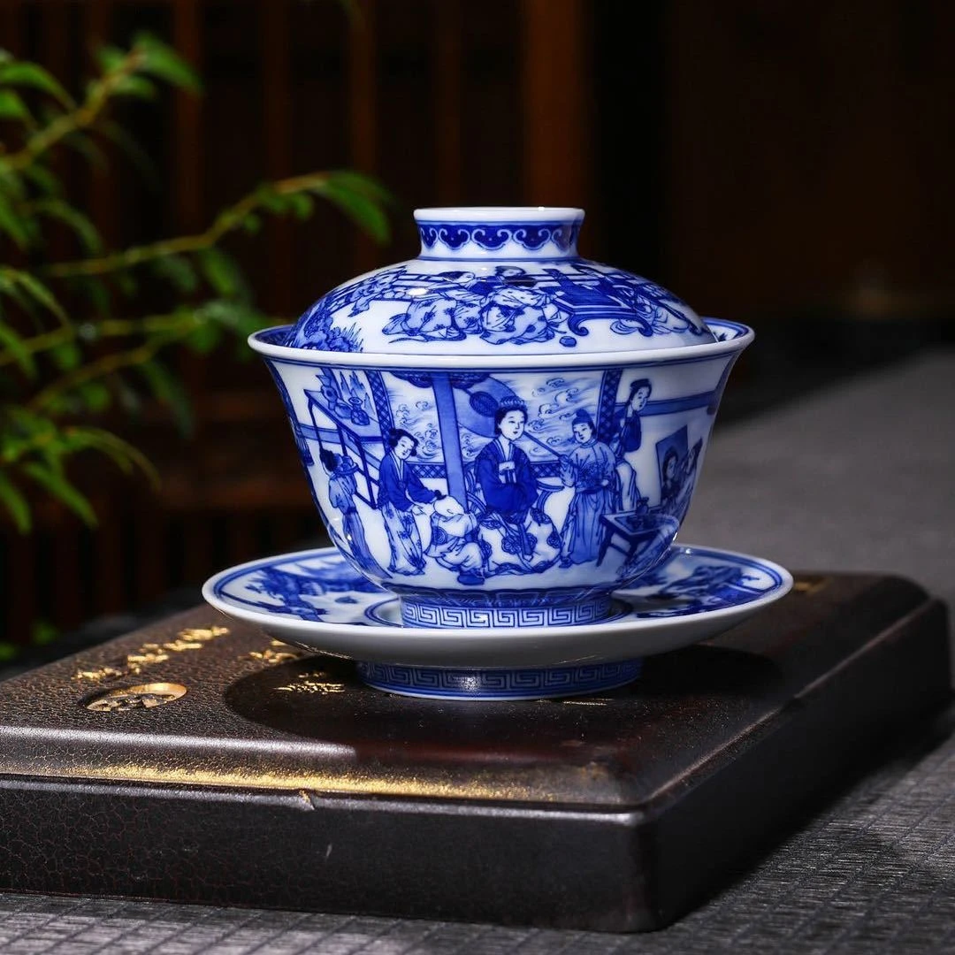 【黄振匠造】景德镇古法重工精工柴窑青花汉宫春晓图盖碗单杯收藏套