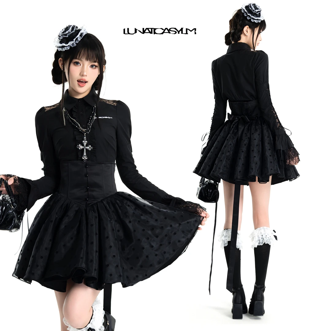 疯人院1999“暗语乐章”秋季法式复古显瘦长袖衬衫暗黑哥特黑色蓬蓬