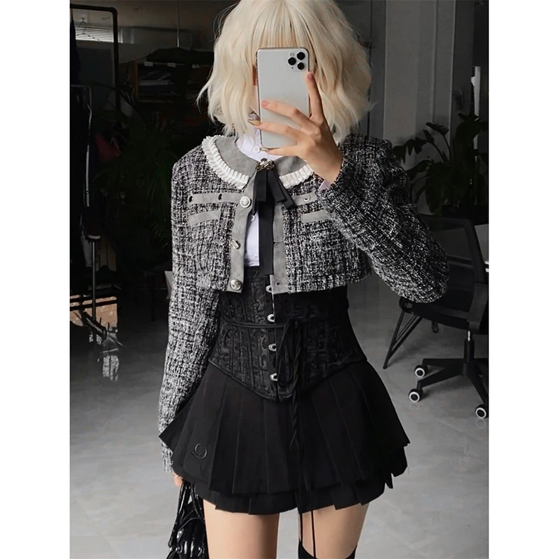 疯人院1999鱼骨黑色显瘦百搭复古收腰设计感小众网红塑形小香风