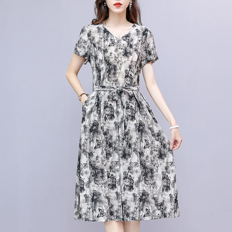 HX003新款夏季法式气质洋气收腰显瘦连衣裙碎花中长裙大码妈妈装