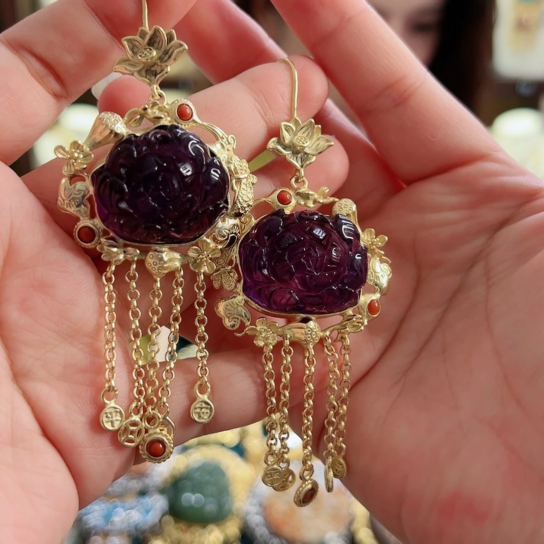 水晶耳饰银S925镶嵌国风