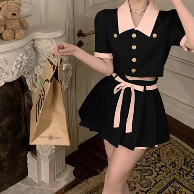 学院风套装短款泡泡袖衬衫女夏季新款百褶裙半身短裙小个子两件套