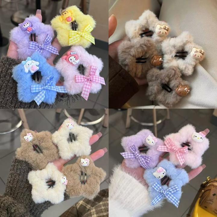 新款卡通kt猫毛绒五角星星格子蝴蝶结发夹发饰少女心BB夹甜美秋冬