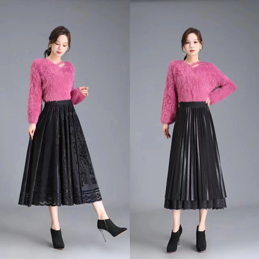 【朵朵服饰】2023秋季丝绒两面穿蕾丝百搭显瘦半身裙长款百褶裙9992