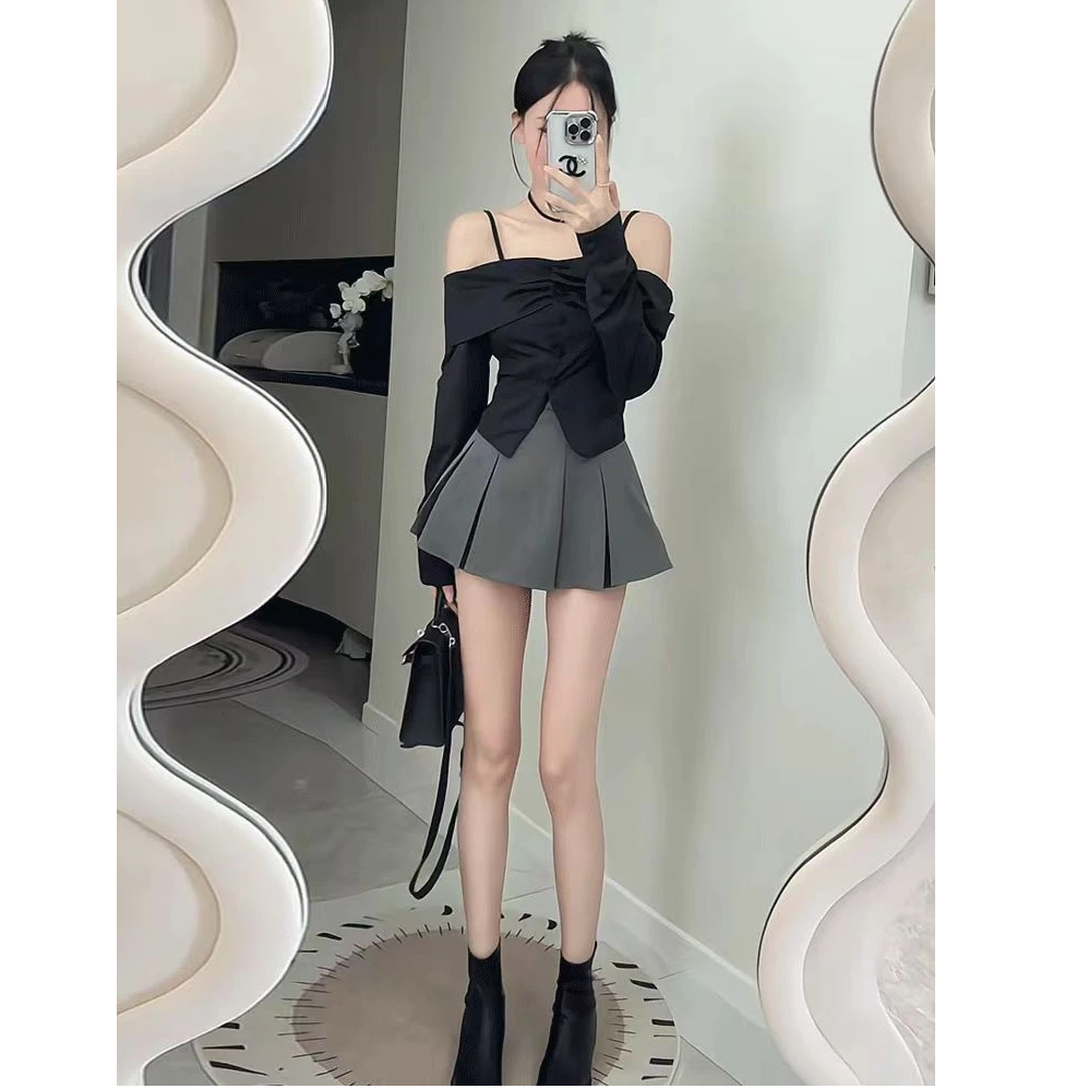 法式纯欲一字肩长袖衬衫设计感小众修身辣妹上衣百褶白搭裙套装