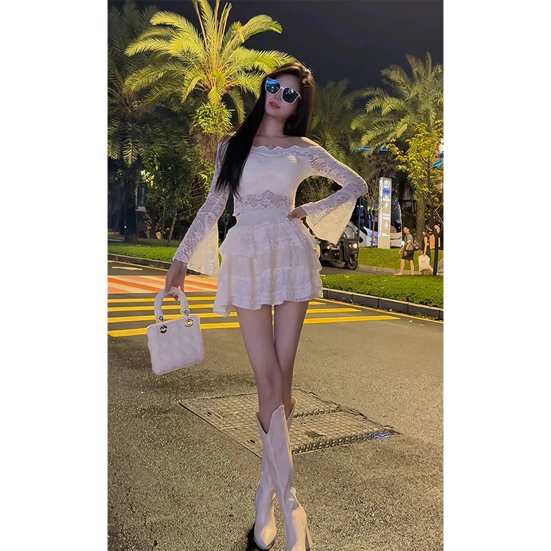 气质名媛收腰长袖性感一字肩蕾丝上衣+高腰蓬蓬短裙两件套装女秋