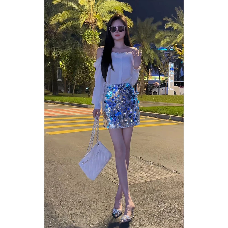 温柔风一字肩立体花朵长袖衬衫秋设计百搭上衣显腿长亮片短裙套装