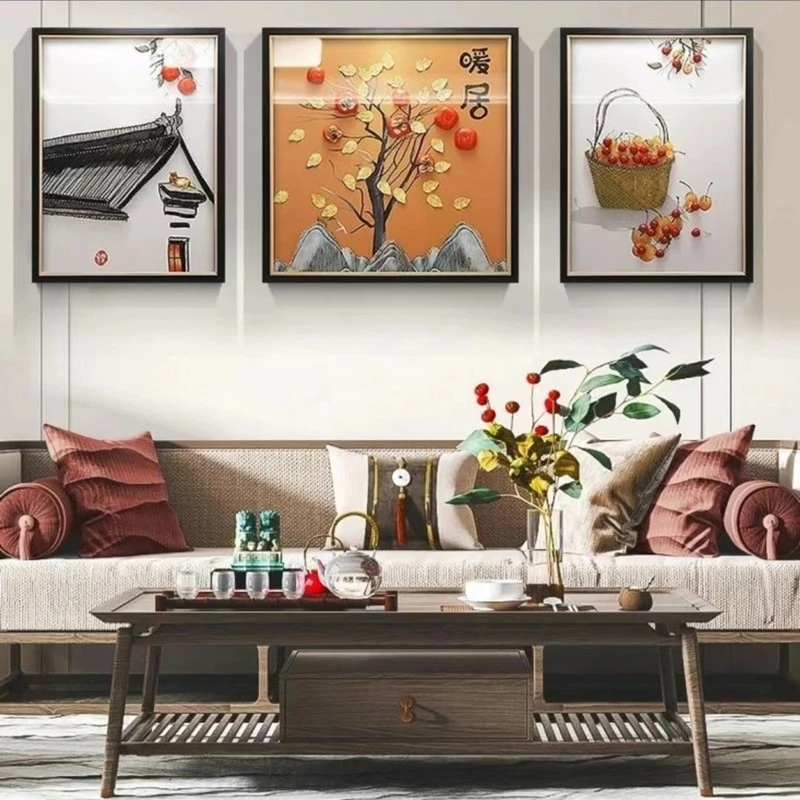 新中式沙发背景墙装饰画寓意好客厅三联画实物画手工画暖居挂画