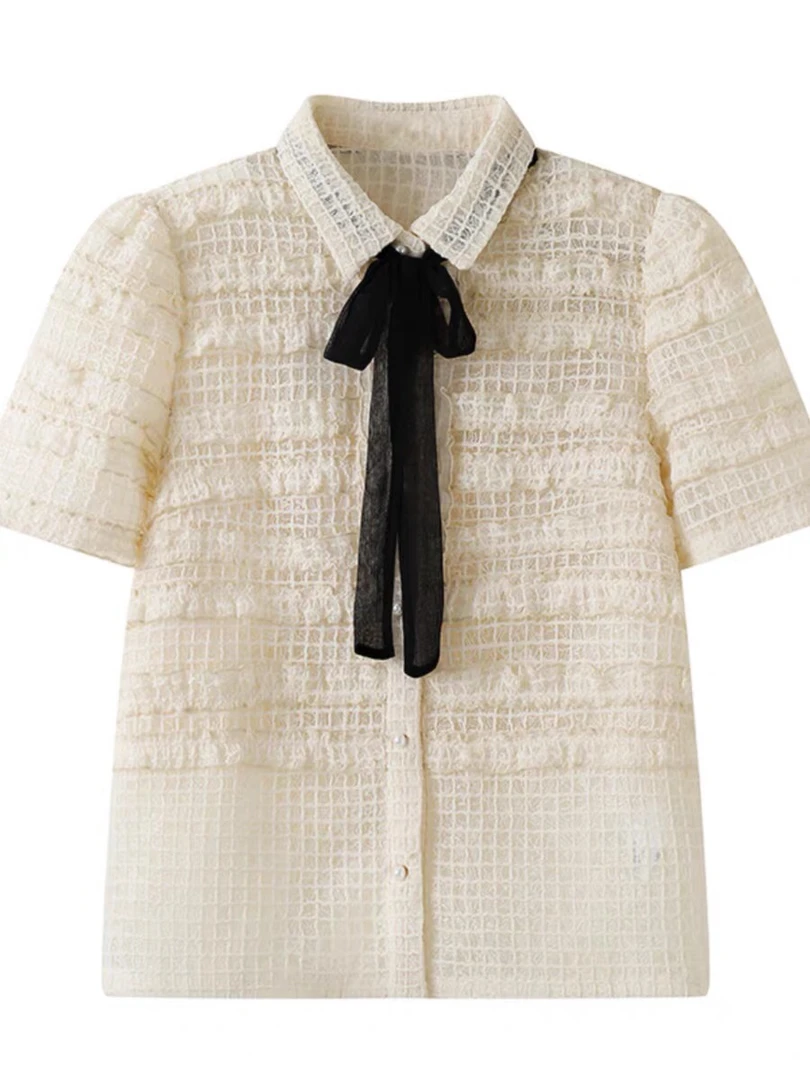 新款甜美时尚蕾丝立领系带短袖衬衫