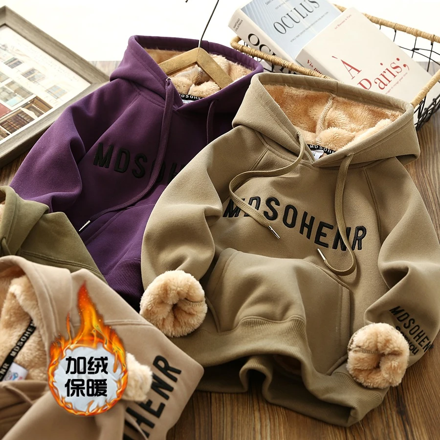 男童加绒卫衣2023新款儿童秋冬季加绒保暖冬季洋气中大童韩版上衣