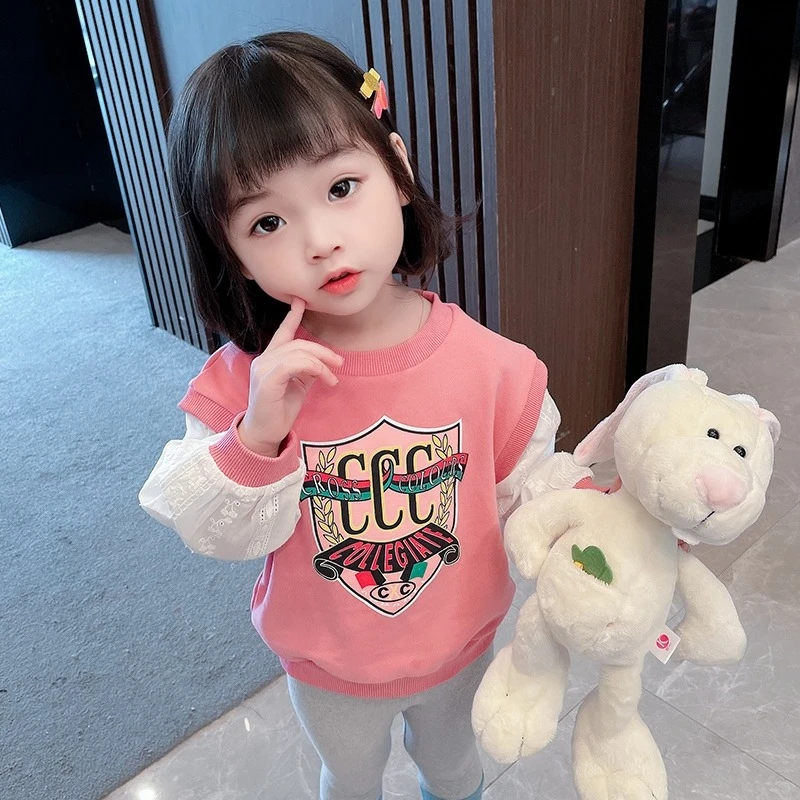 女童卫衣春秋2024新款中小童女宝圆领韩版洋气棉卡通假两件上衣