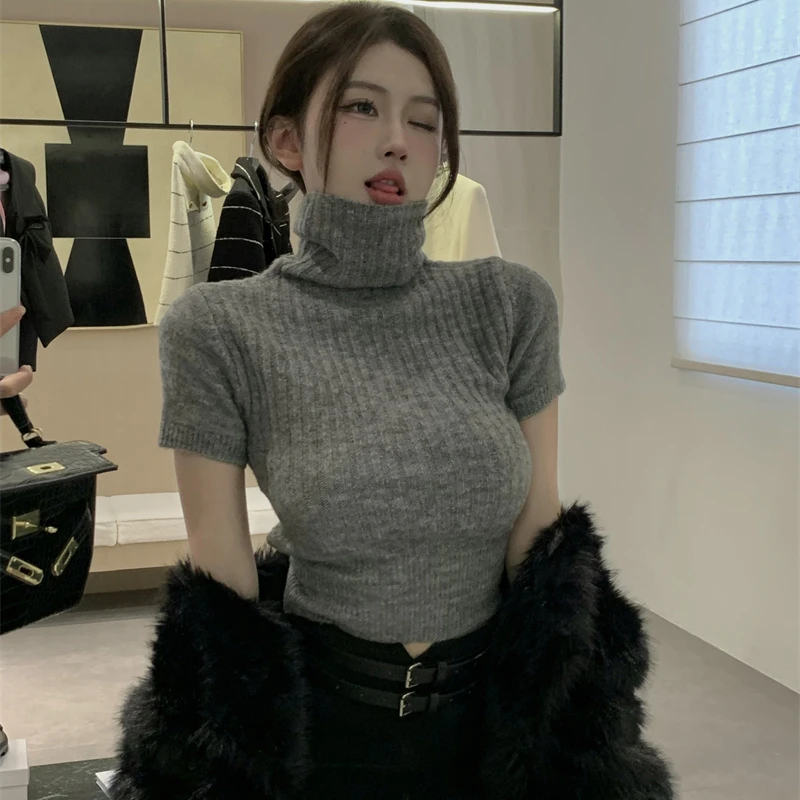 灰色内搭高领可外穿针织打底衫女春夏季法式高腰气质短款短袖上衣