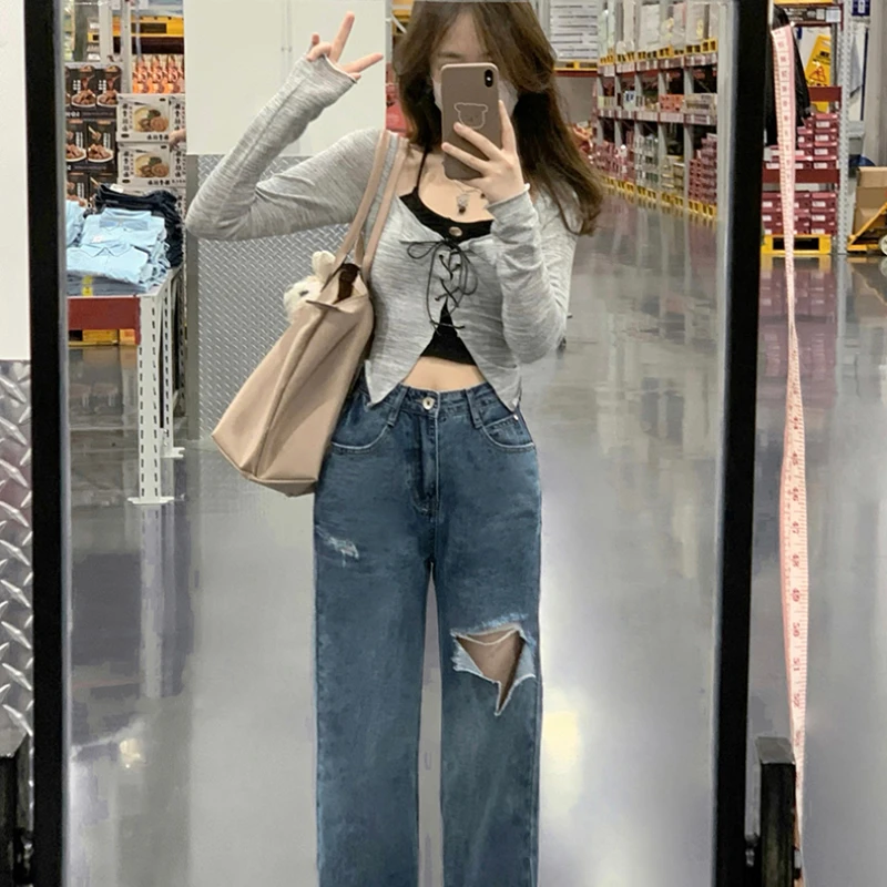 美式甜辣妹风chic短款紧身纯欲吊带开衫外搭罩衫两件套小上衣春夏