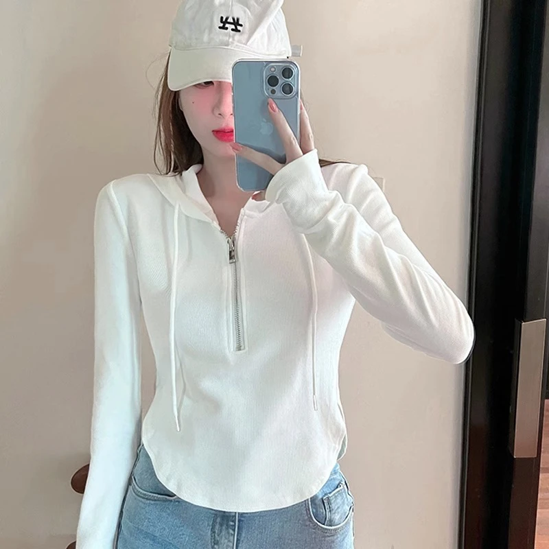 白色卫衣外套女拉链春秋美式休闲小个子正肩短款连帽运动薄款上衣