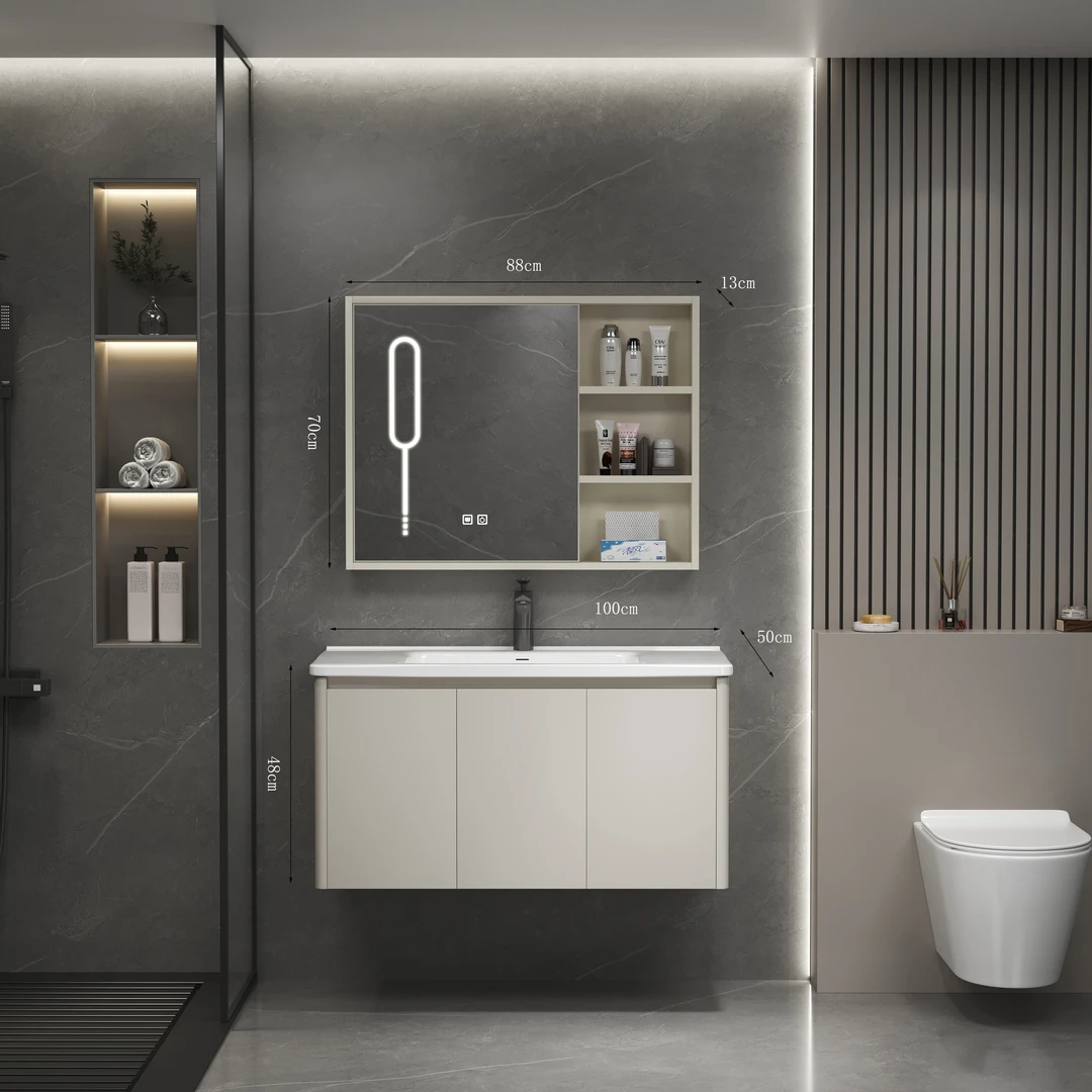 奶油风不锈钢圆弧陶瓷一体盆浴室卫生间洗手盆柜组合洗脸盆洗漱柜