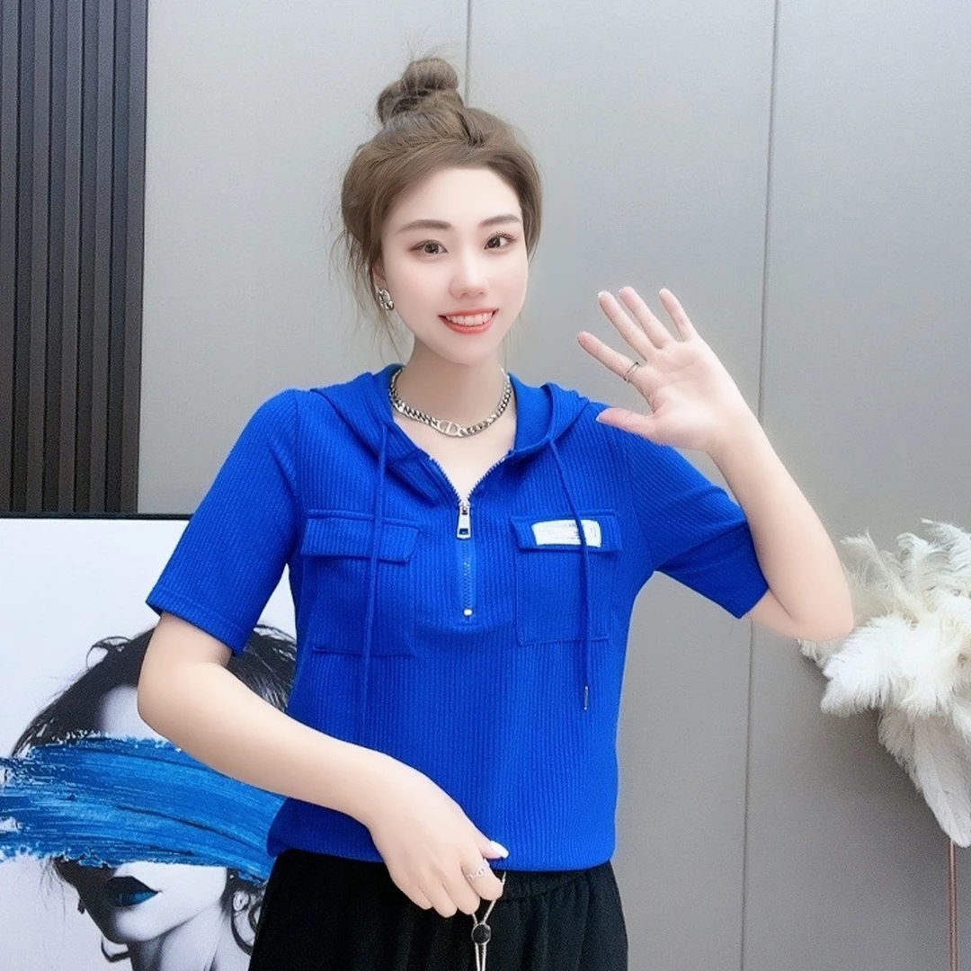 糖果色t恤女长袖2023春夏新款女士连帽宽松显瘦百搭半袖打底衫上