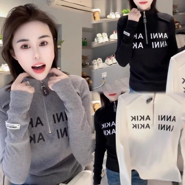 欧洲站2024冬季新款字母印花拼接拉链贴布t恤女时尚洋气百搭上衣