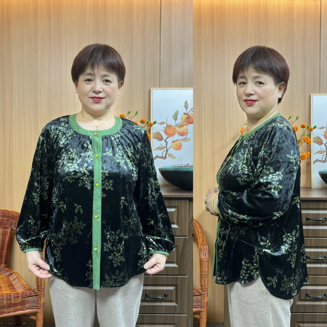 【190斤】春秋大码大摆减龄金丝绒妈妈装宽松遮肚气质长袖上衣开衫