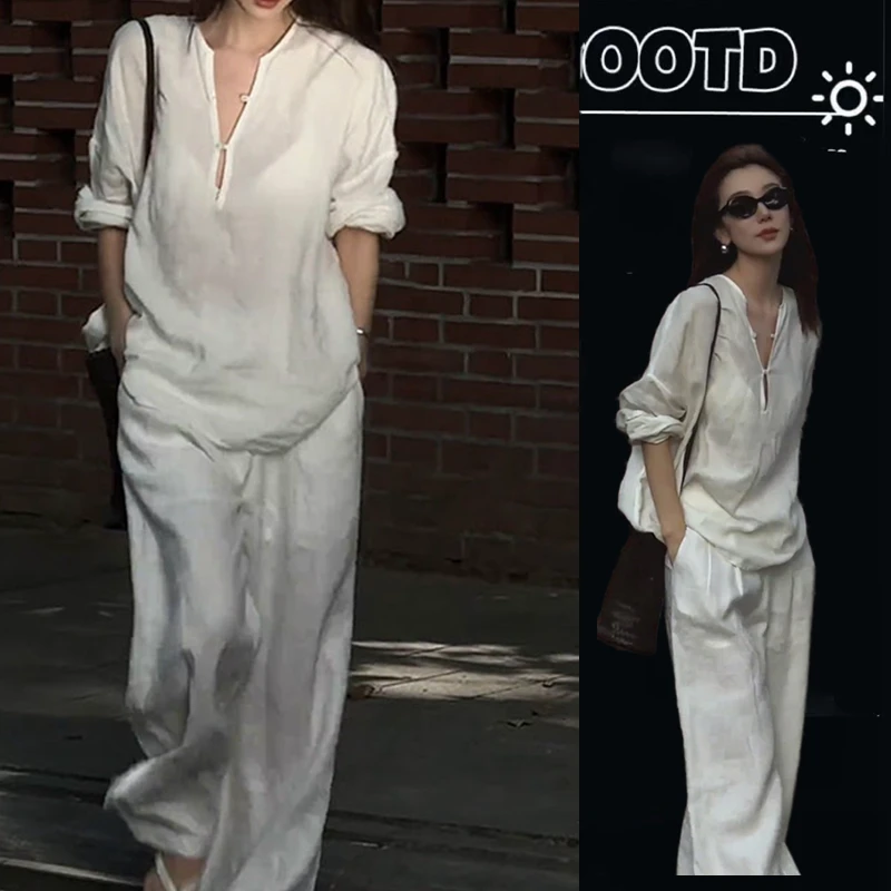 又a又飒随意慵懒老钱风复古白色亚麻上衣套装裤女春秋搭配一整套