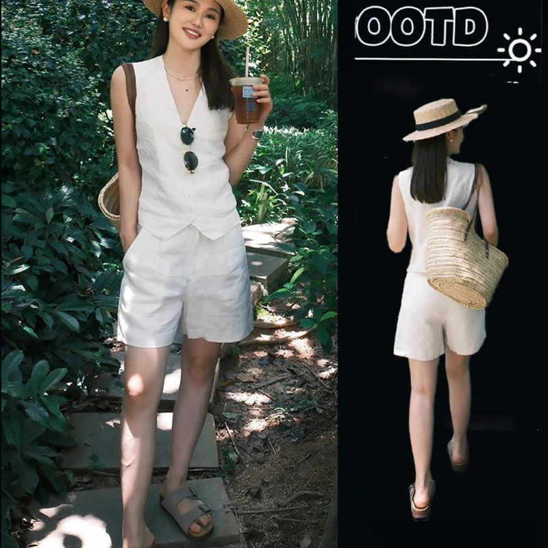白色休闲马甲套装女夏2025新款时尚气质干练小香风上衣短裤两件套