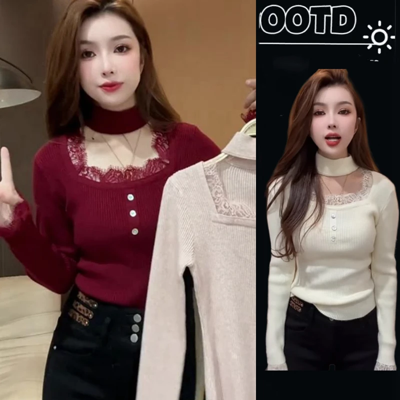 2024秋冬季新款气质挂脖毛针织衫女设计感蕾丝拼接内搭打底衫上衣