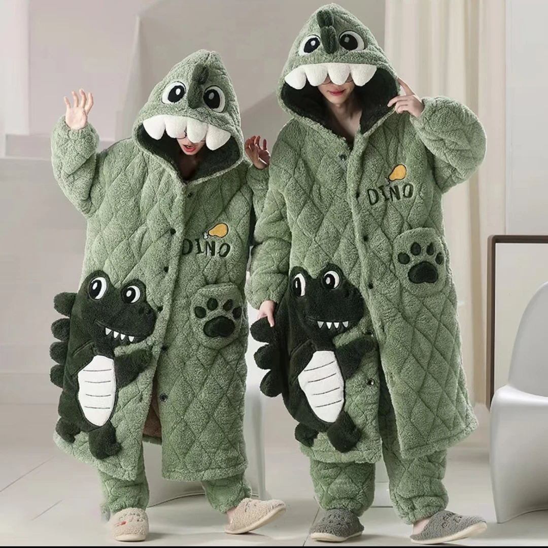 冬季情侣夹棉睡袍三层加绒加厚家居服套装保暖卡通珊瑚绒可外穿