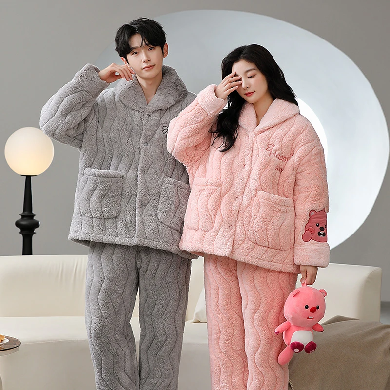秋冬新款情侣睡衣2024新款加绒加厚夹棉家居服套装舒适简约睡衣女