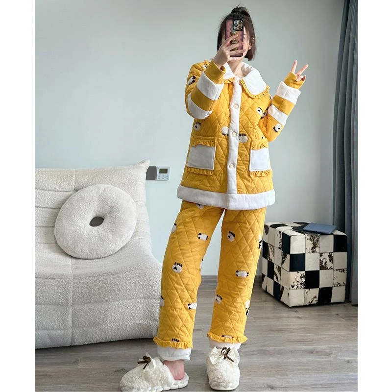 pinkgrape刺绣加厚可爱冬季女士睡衣三层夹棉加绒可外穿家居服