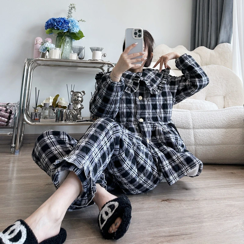 韩版冬季黑白格纹夹棉女睡衣甜美减龄显瘦外穿家居服女士珊瑚绒